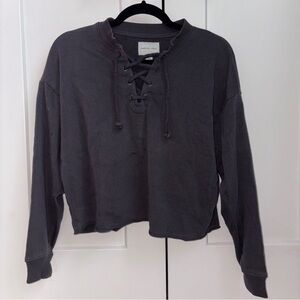 American Eagle Lace Up Oversized Raw Hem Sweatshirt - Black - XS